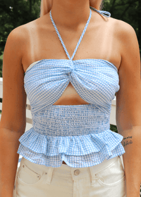 Lillian Gingham Halter Top - Light Blue