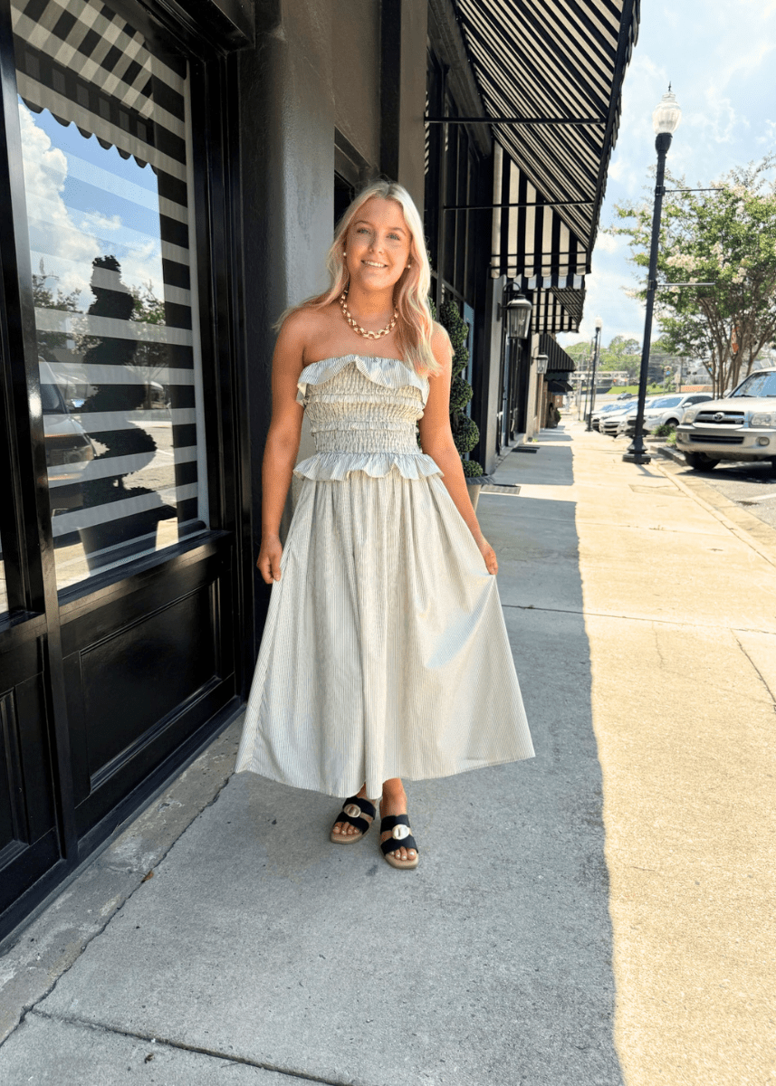 Flynn Pinstripe Smocked Midi Dress