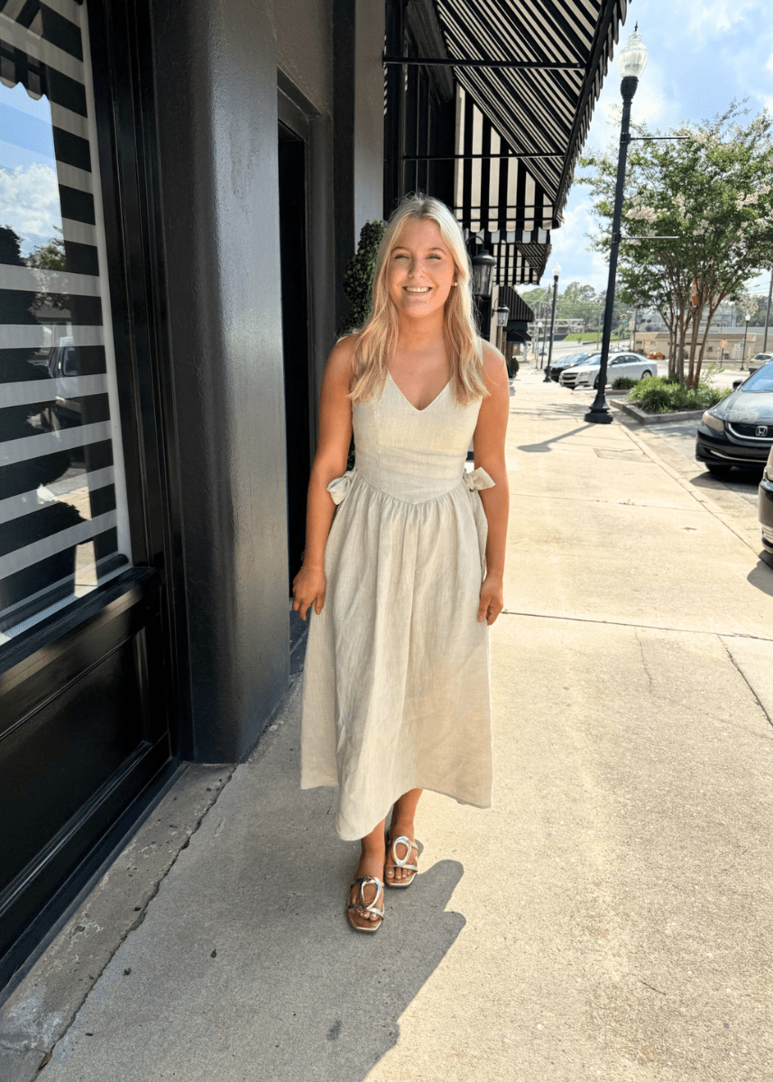 Olivia Bow Tie Linen Midi Dress