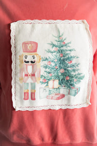 Christmas Printed Corduroy Patch w Scallop Lace Detail Sweatshirt