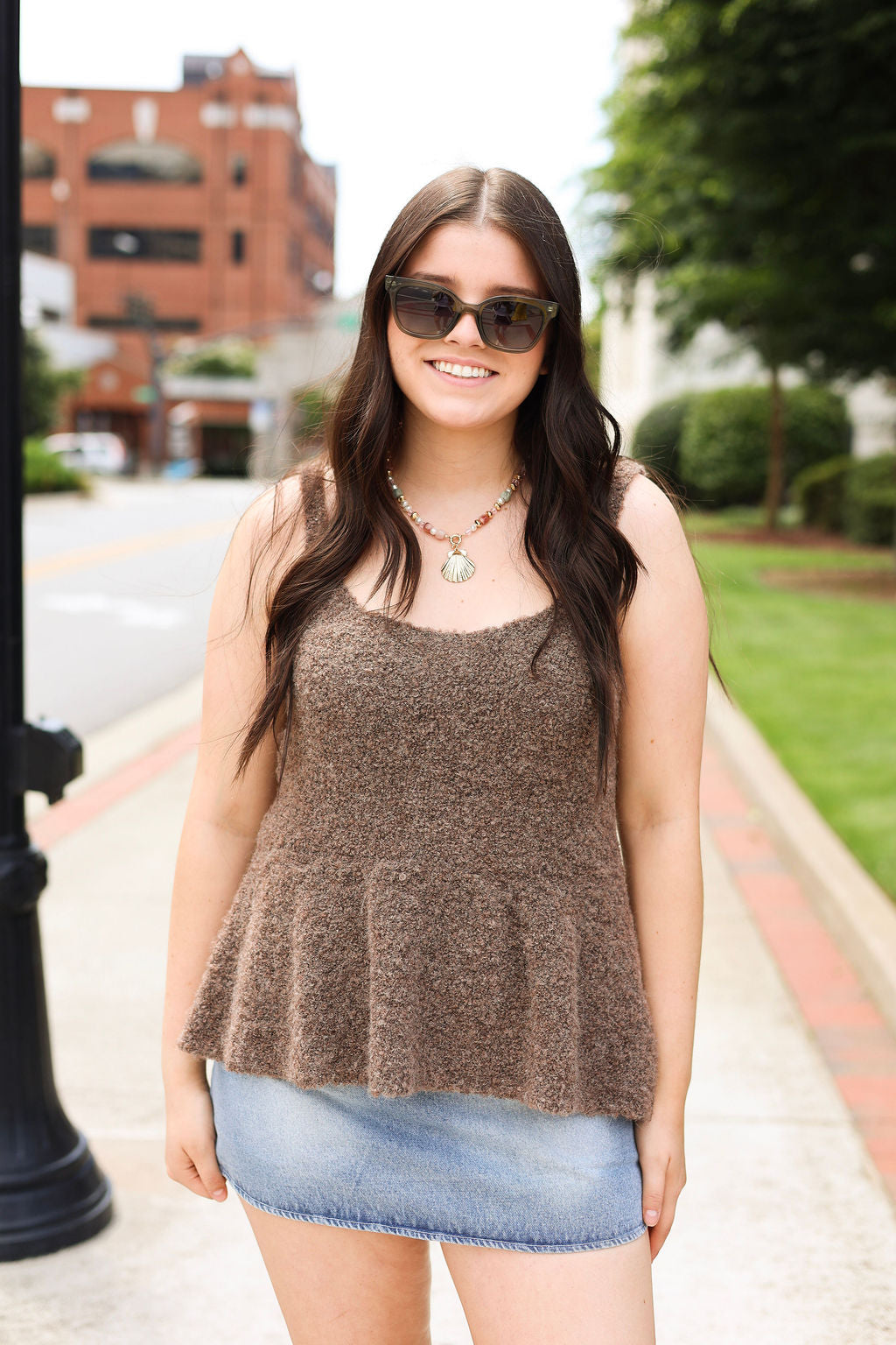 Boucle Peplum Sweater Tank - Brown