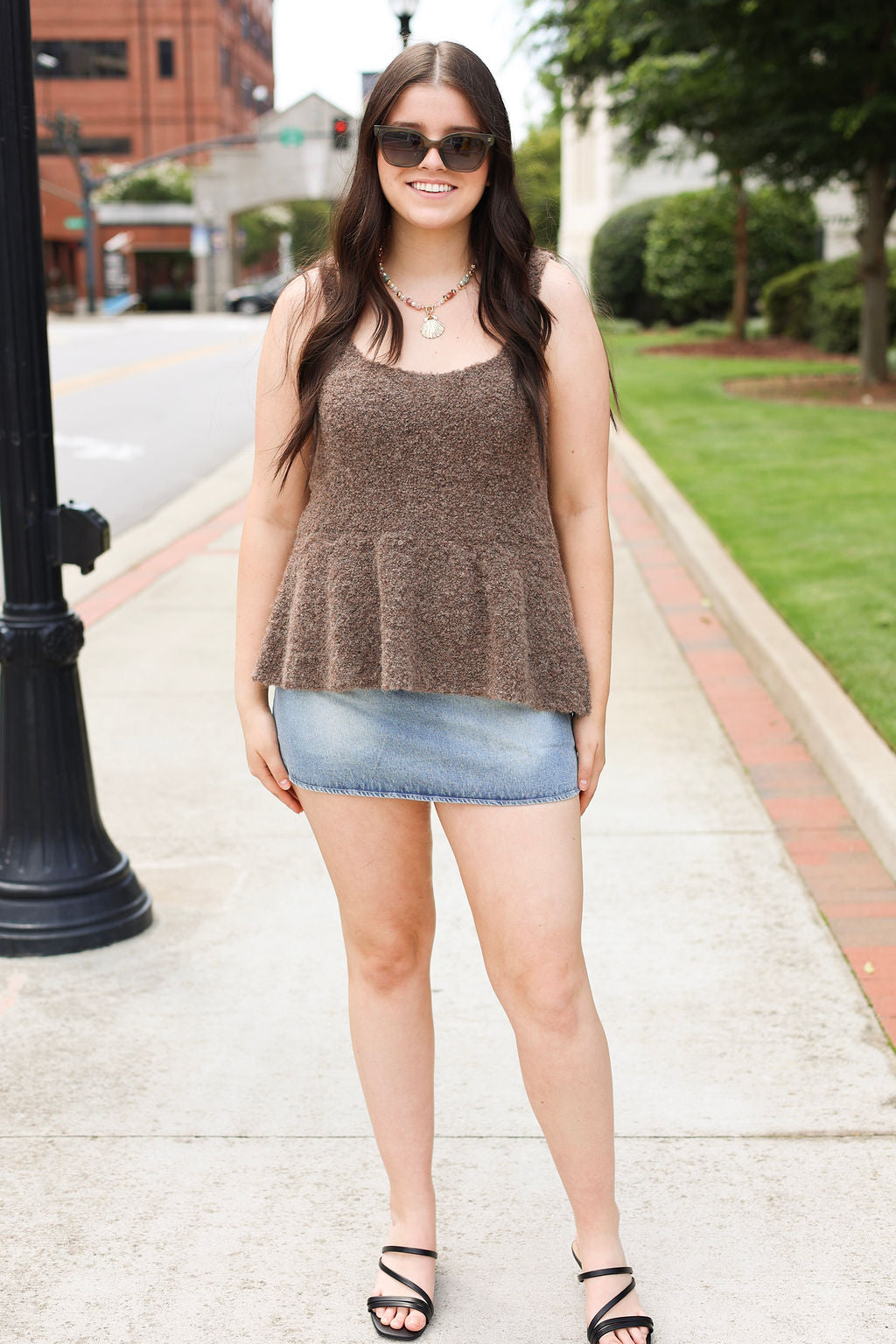 Boucle Peplum Sweater Tank - Brown