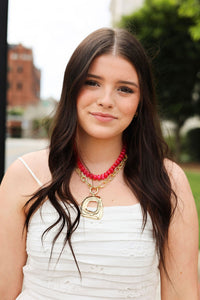 Marble Bead Necklace - Fuchsia/Gold