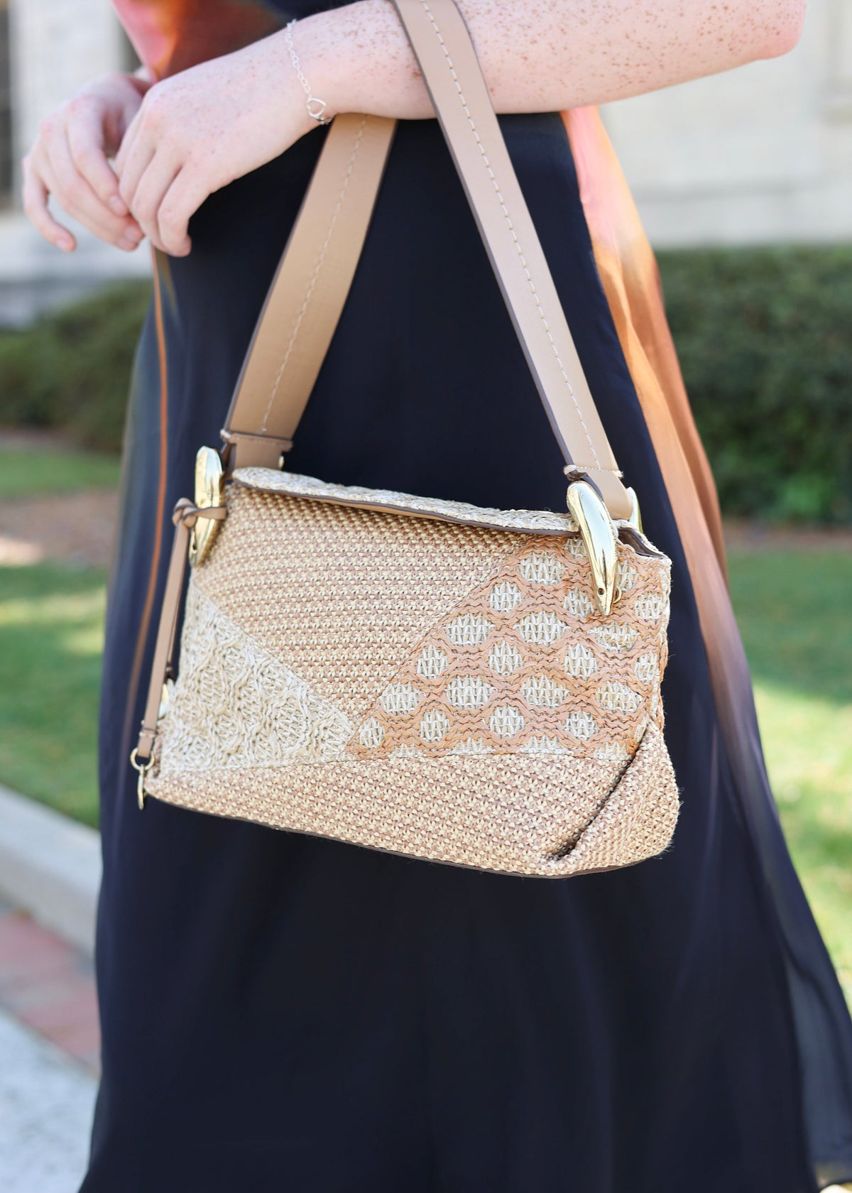 Matilda Patchwork Raffia Shoulder Bag - Natural