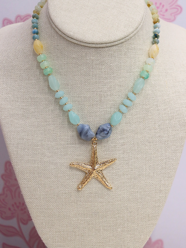 Textured Starfish Stone Bead Necklace - Green Multi/Gold