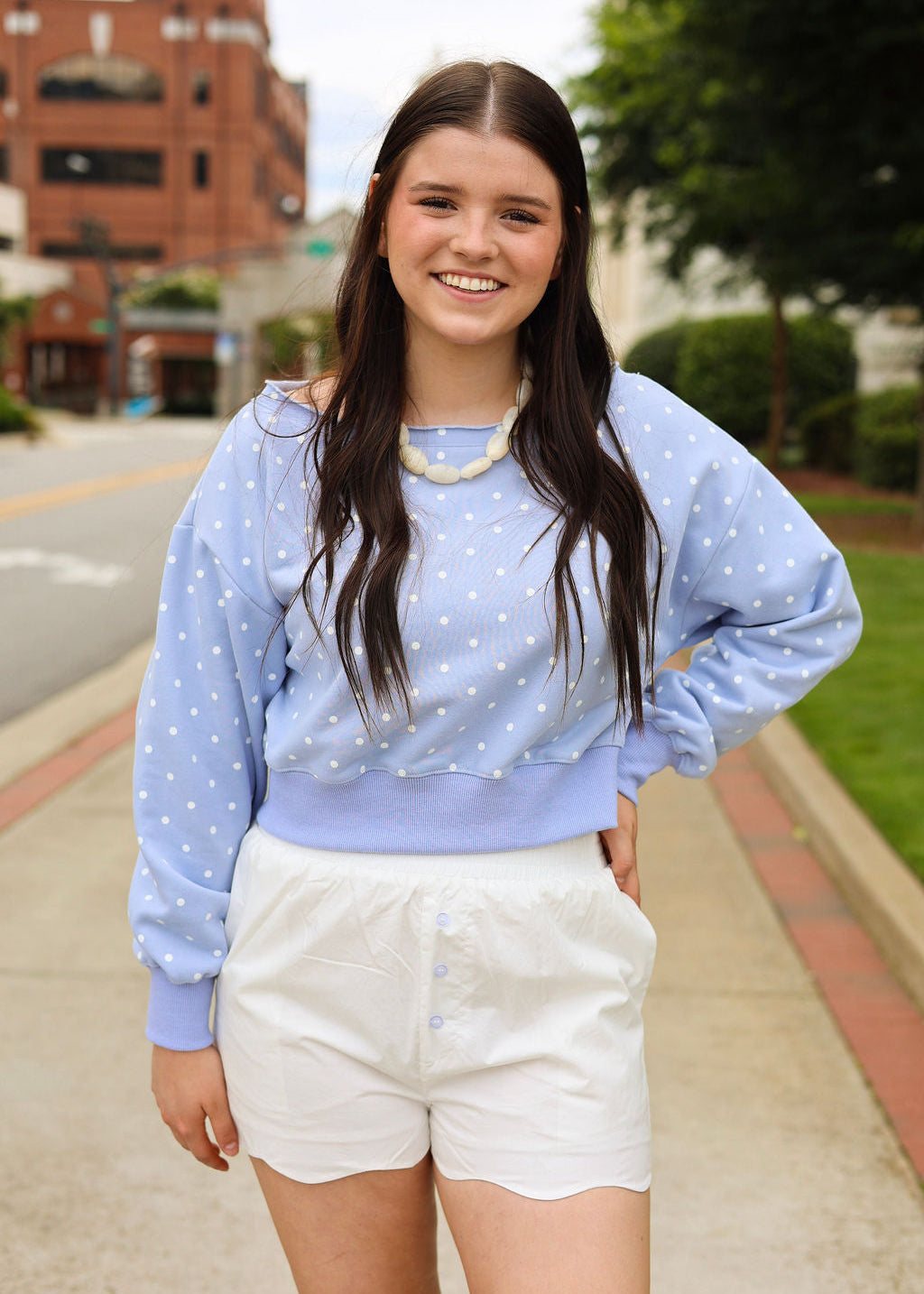 Daydream Dot Off-Shoulder Blue Sweatshirt