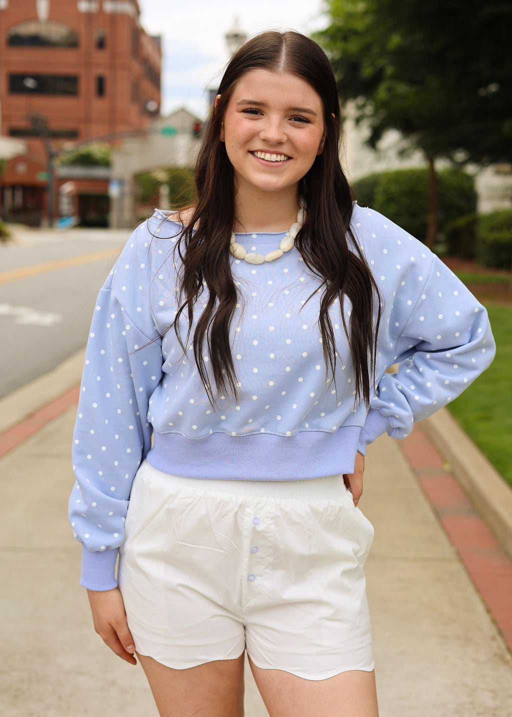 Daydream Dot Off-Shoulder Blue Sweatshirt