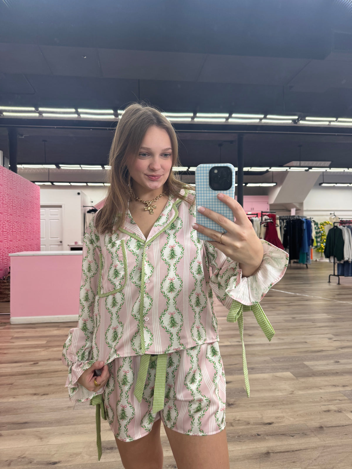 Christmas Printed Satin Gingham Tie Detail PJ Set Pink/Green