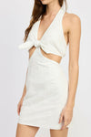 Beaded Halter Neck Mini Dress- Off White.