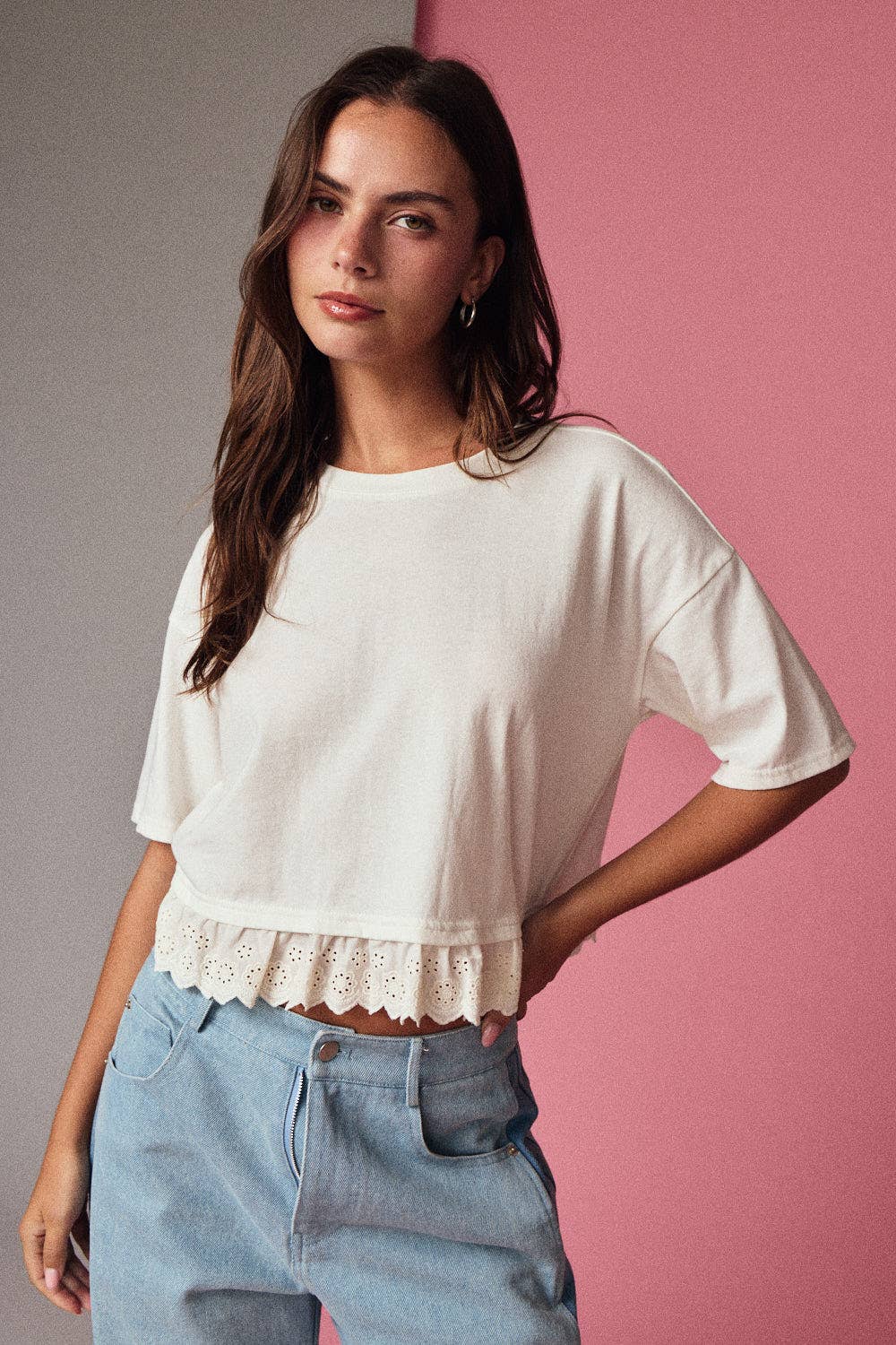 PT19365 Eyelet Hem Boxy Knit Top