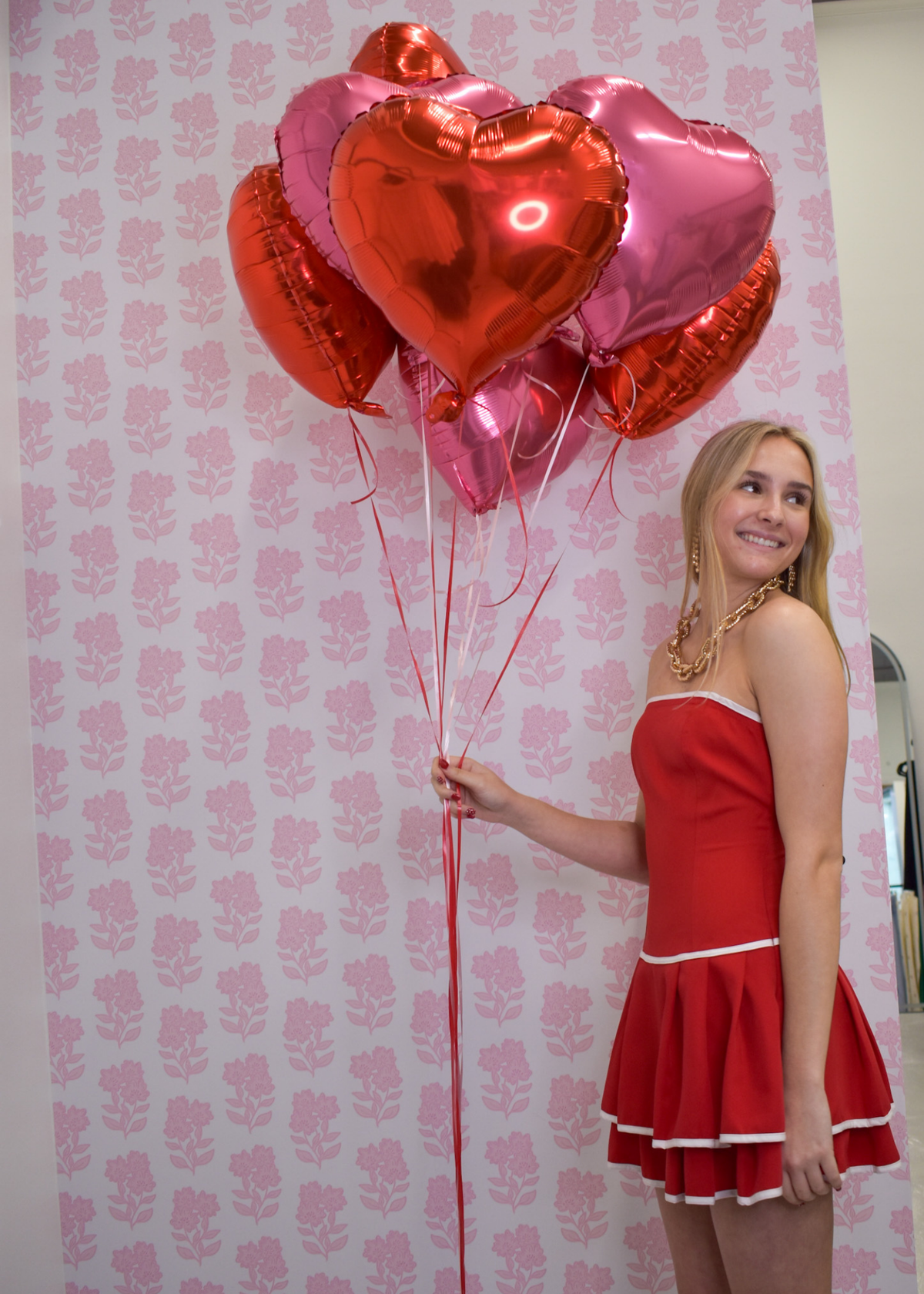 Strapless Drop Waist Romper Dress- Red/White