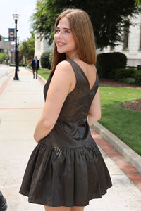 Luna Dark Olive Dress - Satin Drop Waist Mini Dress with Boat Neck