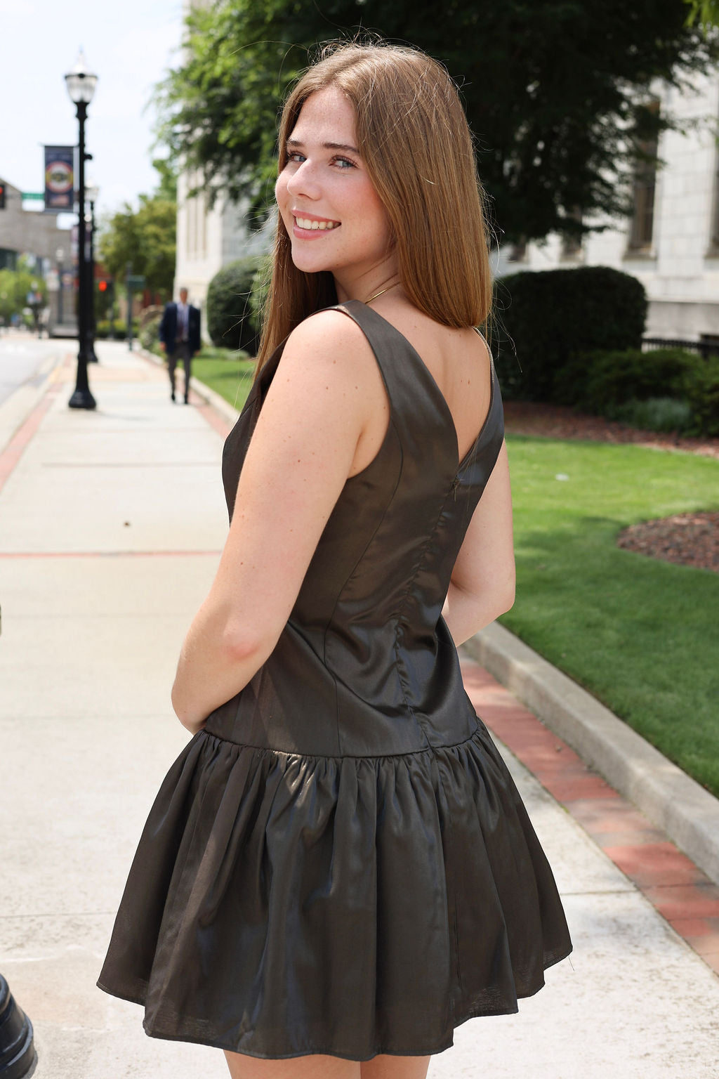 Luna Dark Olive Dress - Satin Drop Waist Mini Dress with Boat Neck