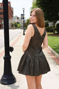 Luna Dark Olive Dress - Satin Drop Waist Mini Dress with Boat Neck