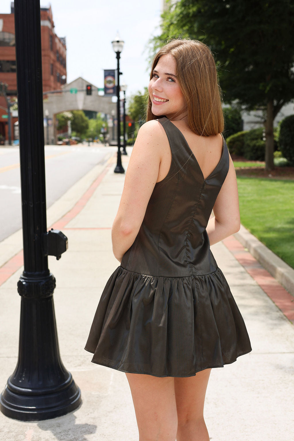 Luna Dark Olive Dress - Satin Drop Waist Mini Dress with Boat Neck