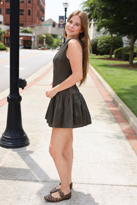 Luna Dark Olive Dress - Satin Drop Waist Mini Dress with Boat Neck