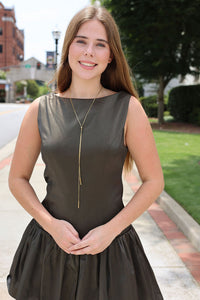 Luna Dark Olive Dress - Satin Drop Waist Mini Dress with Boat Neck