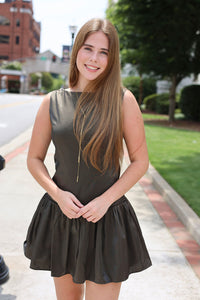 Luna Dark Olive Dress - Satin Drop Waist Mini Dress with Boat Neck