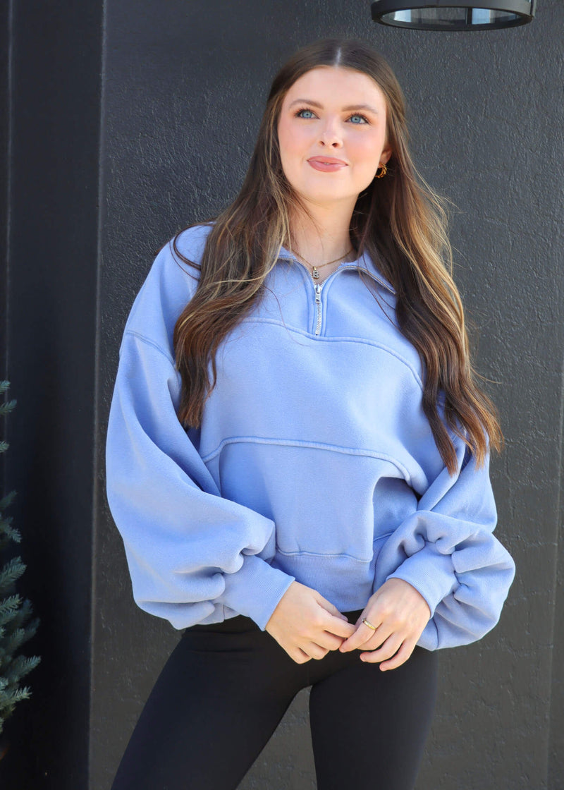 Valerie Half-Zip Oversized Sweatshirt Top - Blue
