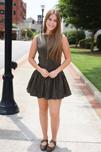 Luna Dark Olive Dress - Satin Drop Waist Mini Dress with Boat Neck