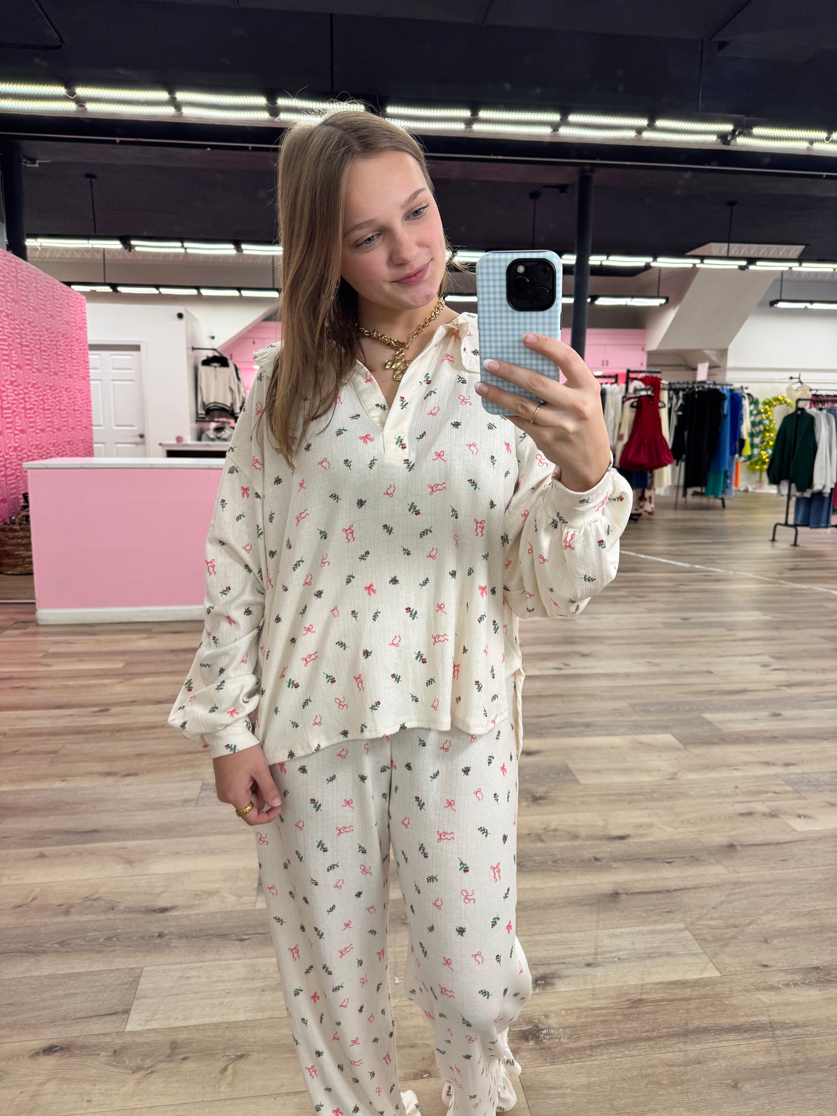 Christmas Printed Pointelle rib Ruffle Detail PJ Set