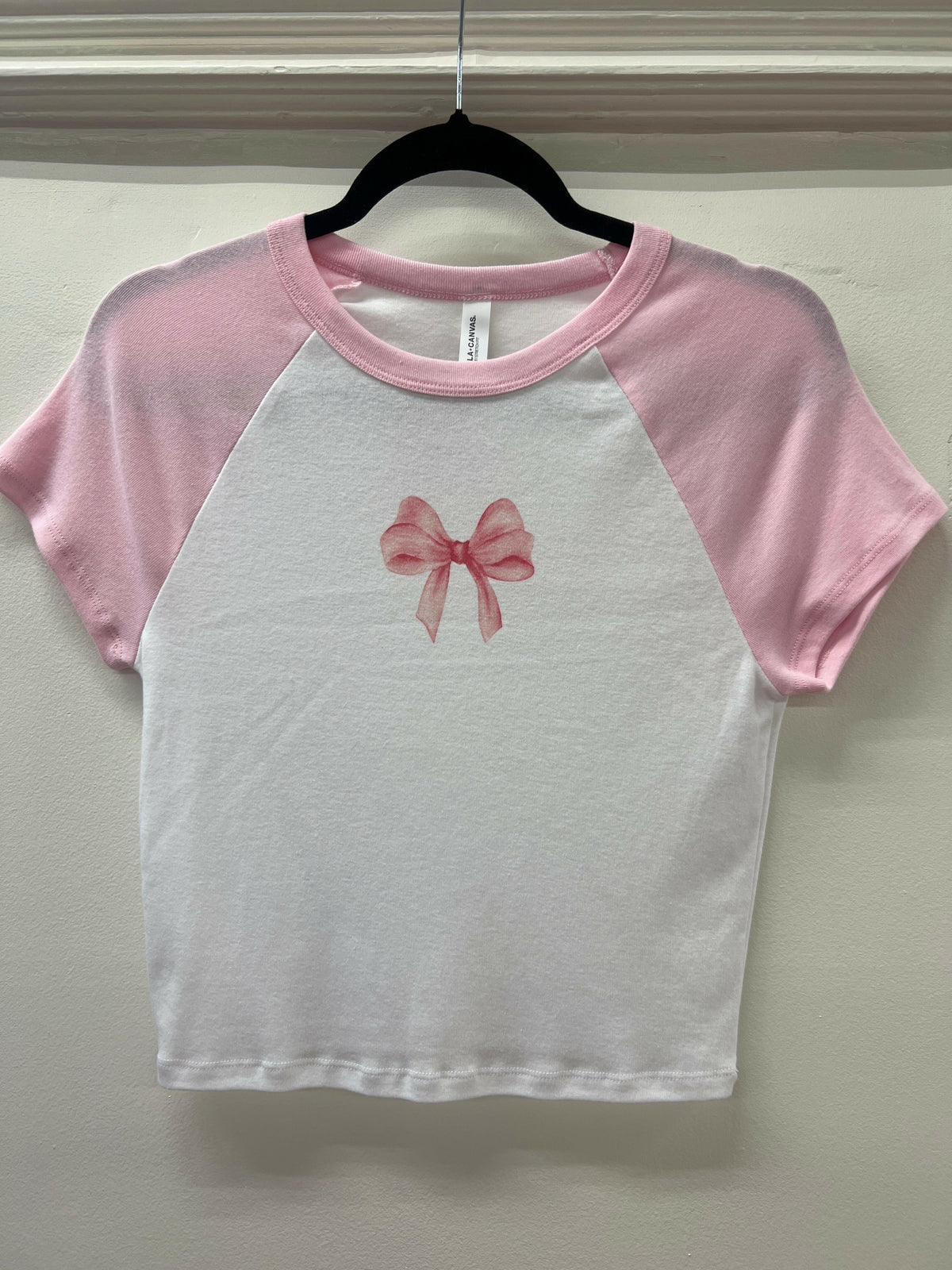 Pink Bow Crop Tee- White/Pink.