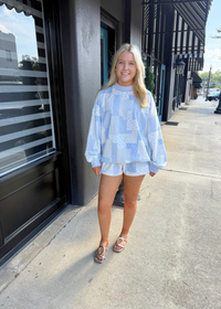 Blue Skies Patchwork Mock Neck Pullover