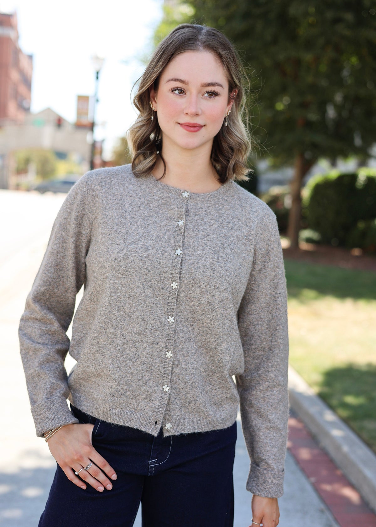 Flower Button Down Cardigan - Mocha