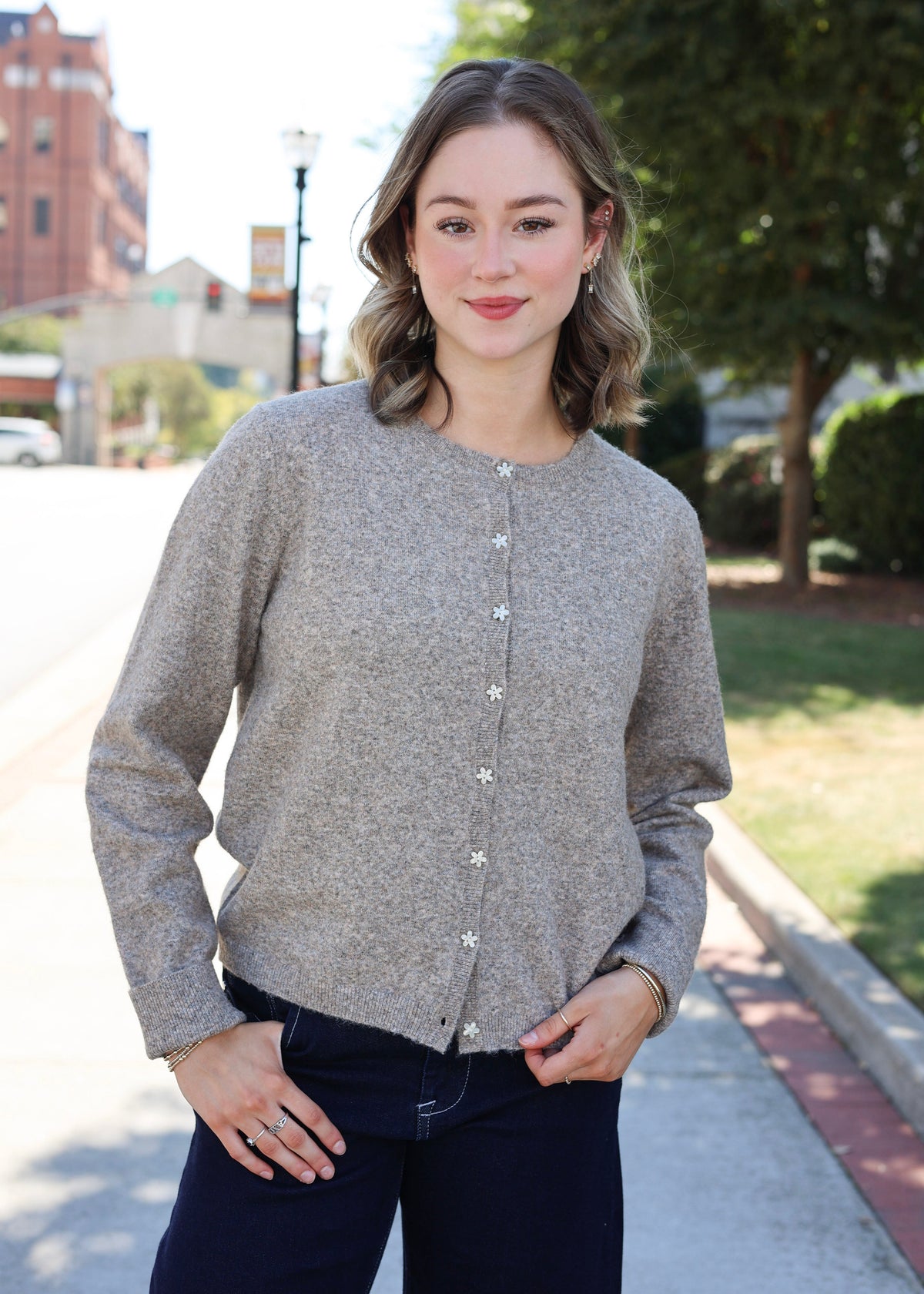 Flower Button Down Cardigan - Mocha