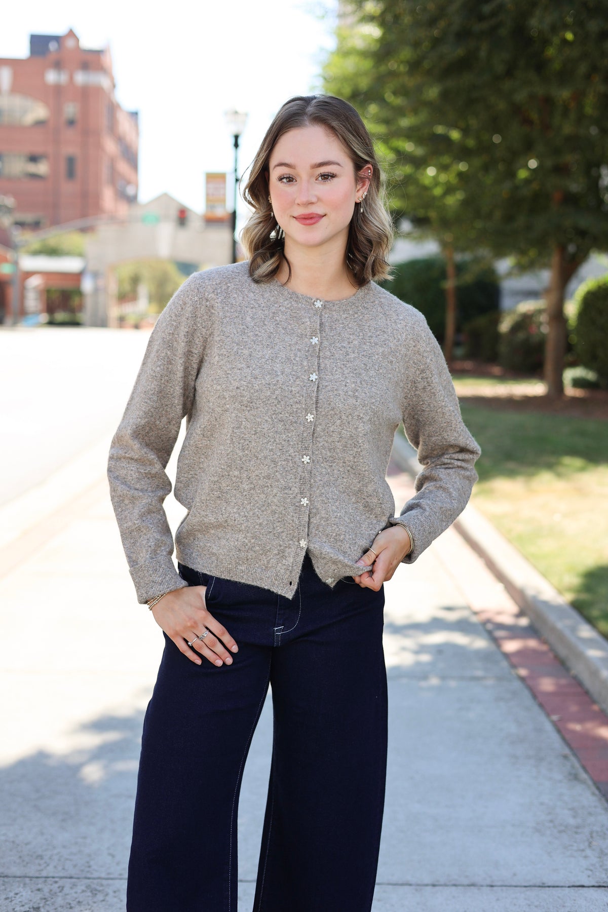 Flower Button Down Cardigan - Mocha