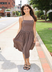 Spaghetti Strap Drop Waist Midi Dress - Brown / Black Dot