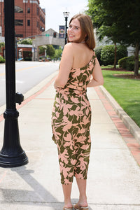 My Dearest One Shoulder Drapey Midi Dress - Olive/Pink