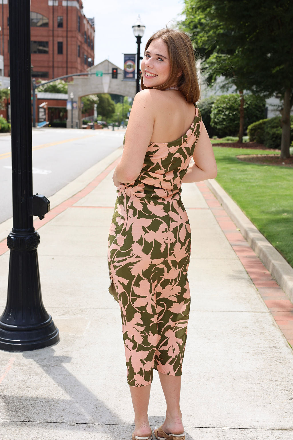 My Dearest One Shoulder Drapey Midi Dress - Olive/Pink