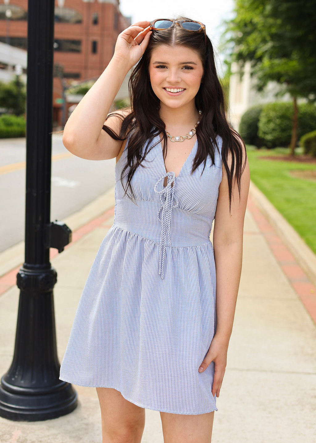 Garden Sun Tie Mini Dress - Blue/White