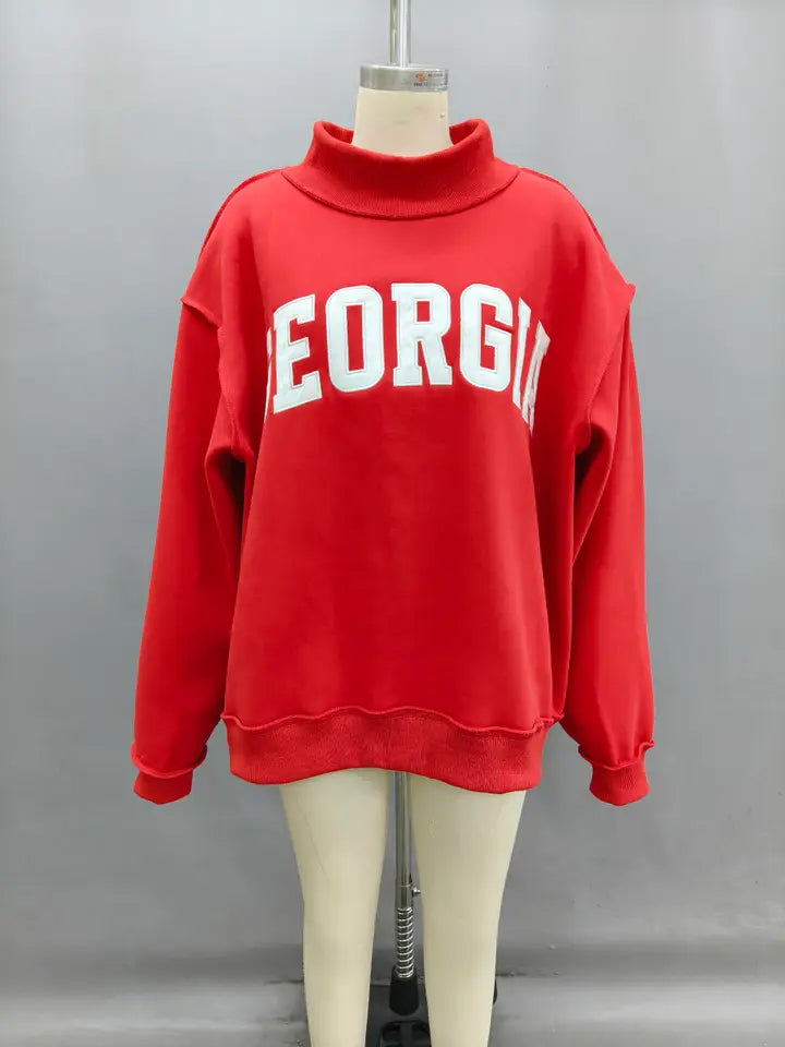 Georgia Embroidered Mock Neck Sweatshirt - Red