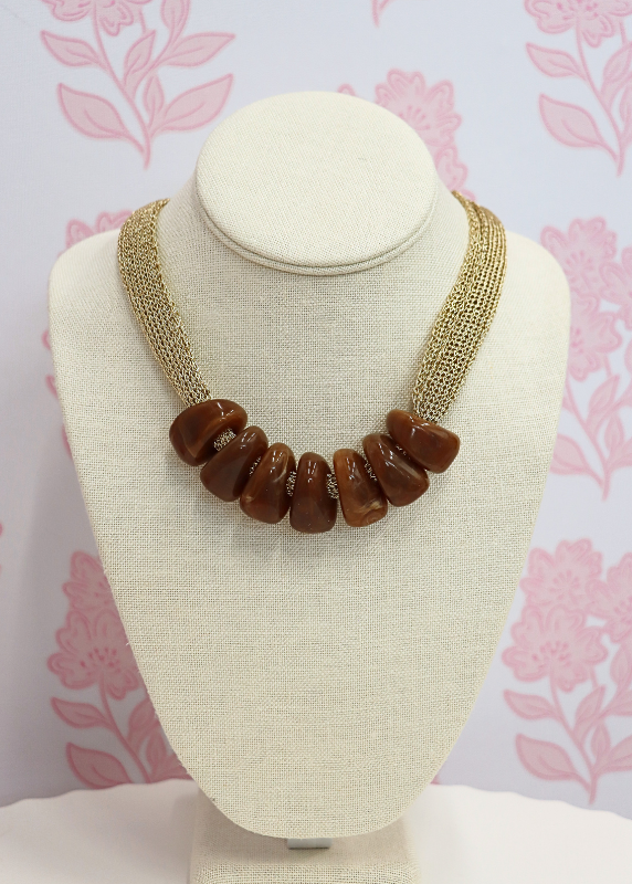 Trapezoid Bead Mesh Fabric Necklace - Brown/Gold