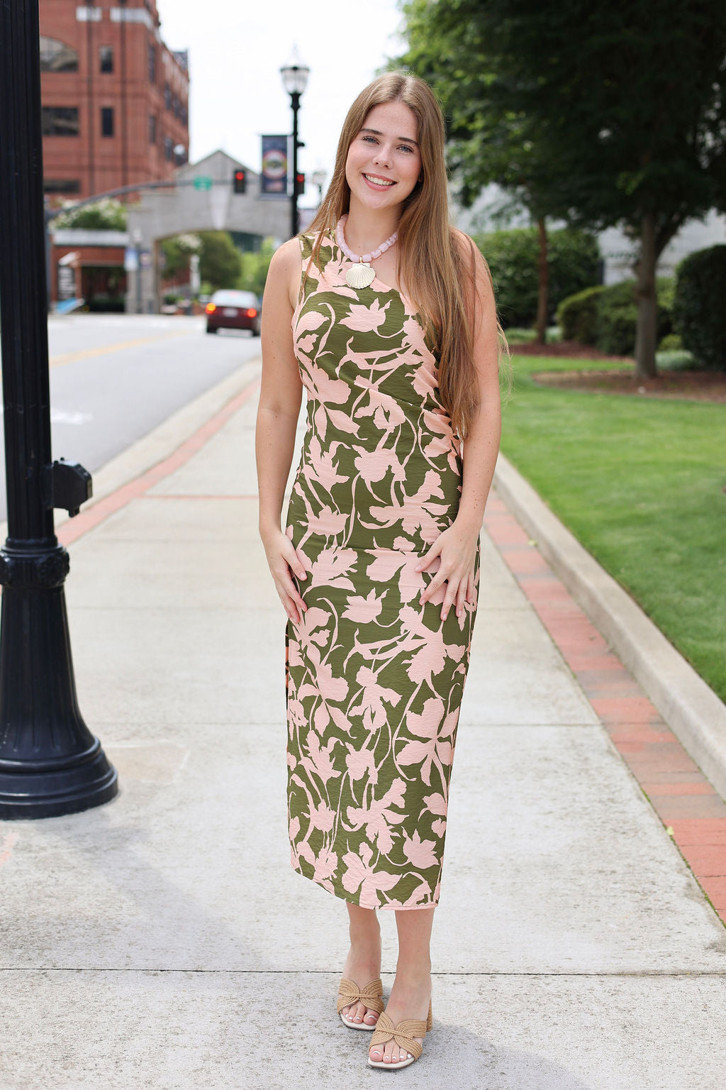 My Dearest One Shoulder Drapey Midi Dress - Olive/Pink