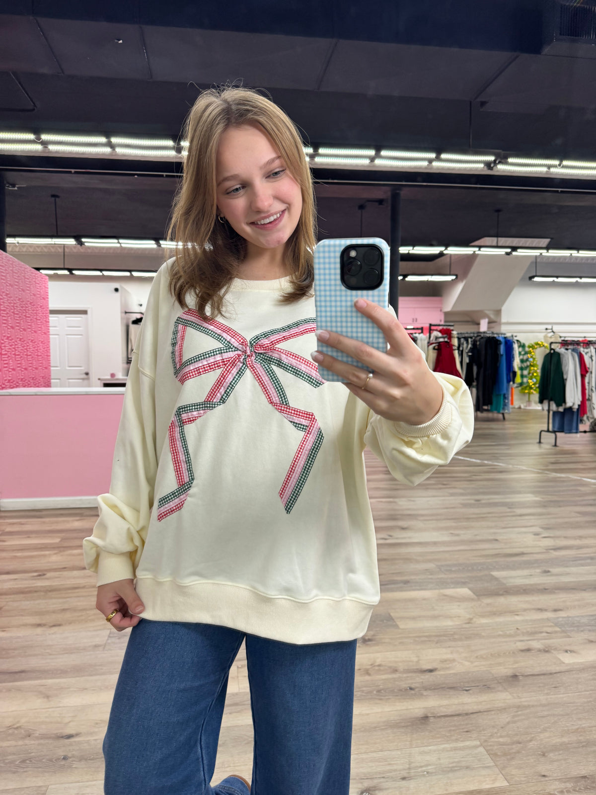 Multi Color Gingham Bow Detail Sweatshirt