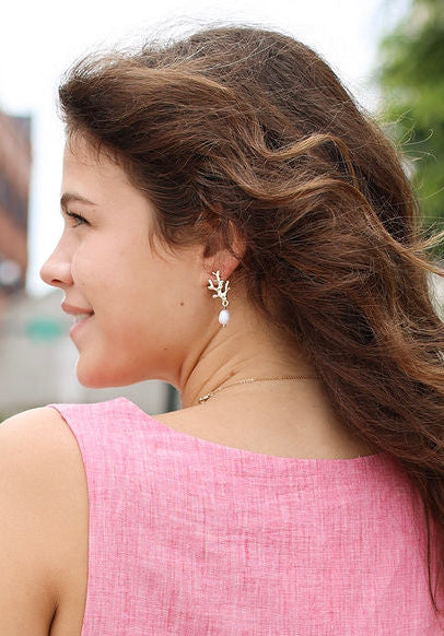 Coral Reef & Pearl Drop Earrings - Gold