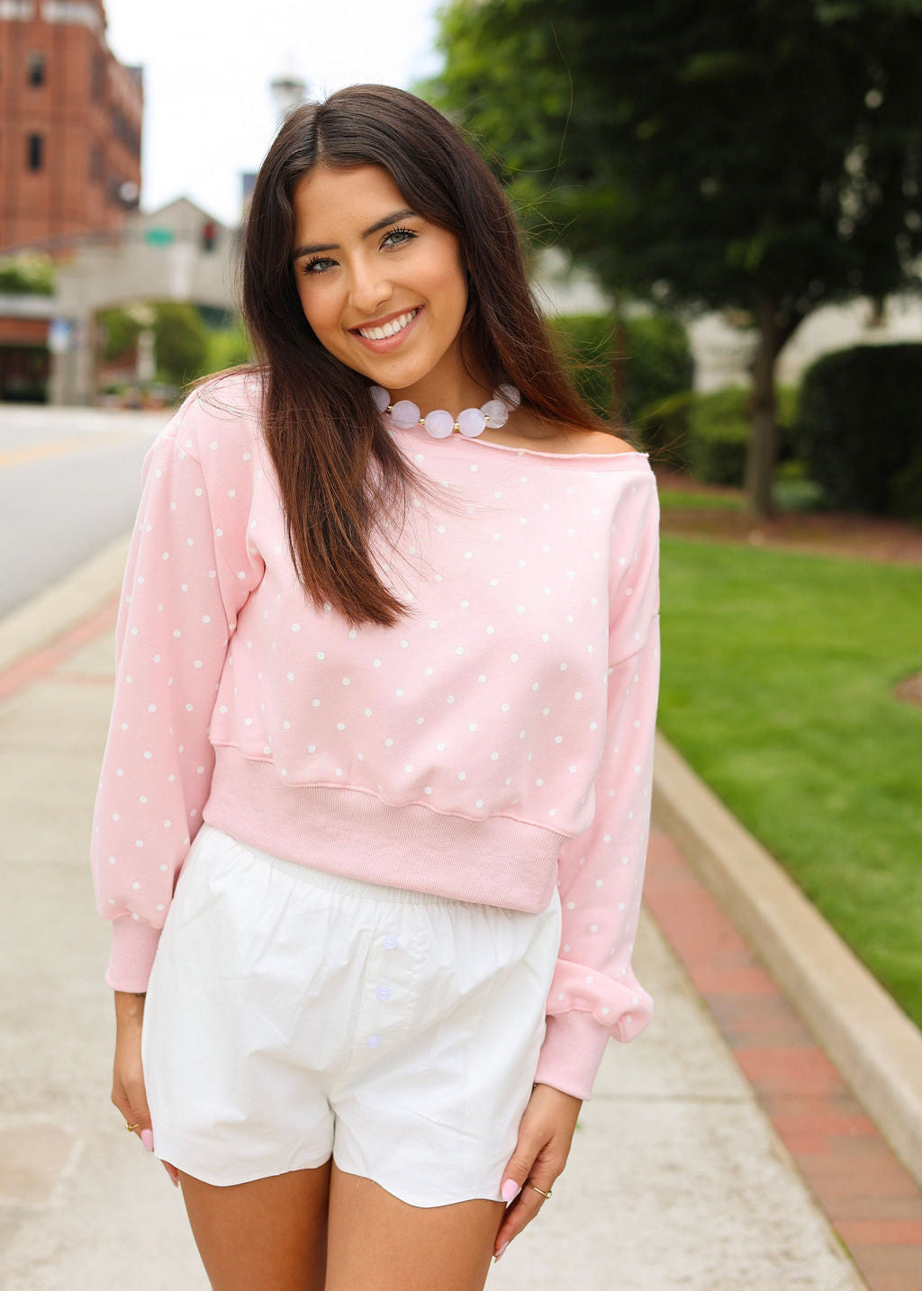 Daydream Dot Off-Shoulder Pink Sweatshirt
