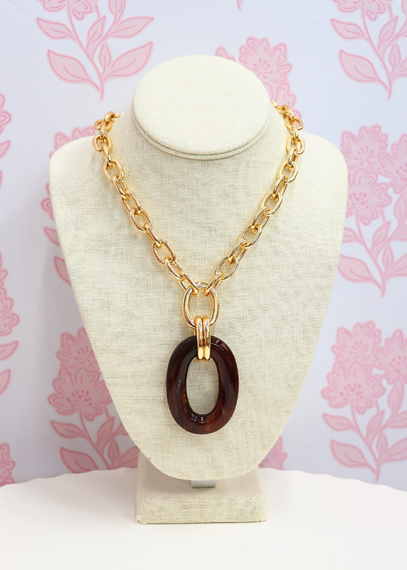Oval Pendant Y Necklace - Brown/Gold