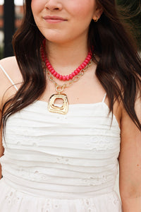 Marble Bead Necklace - Fuchsia/Gold