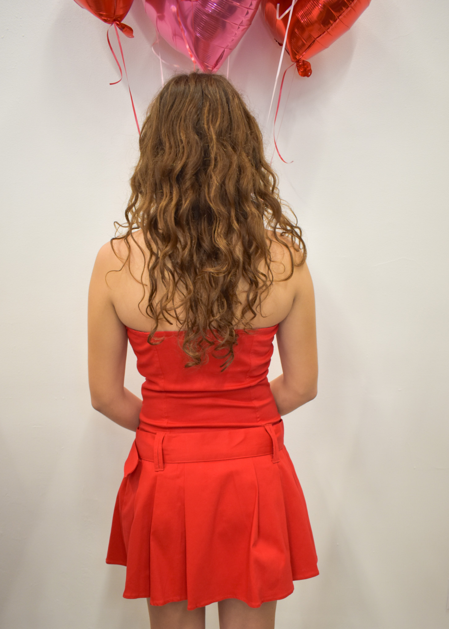 Strapless Drop Waist Denim Dress - Red