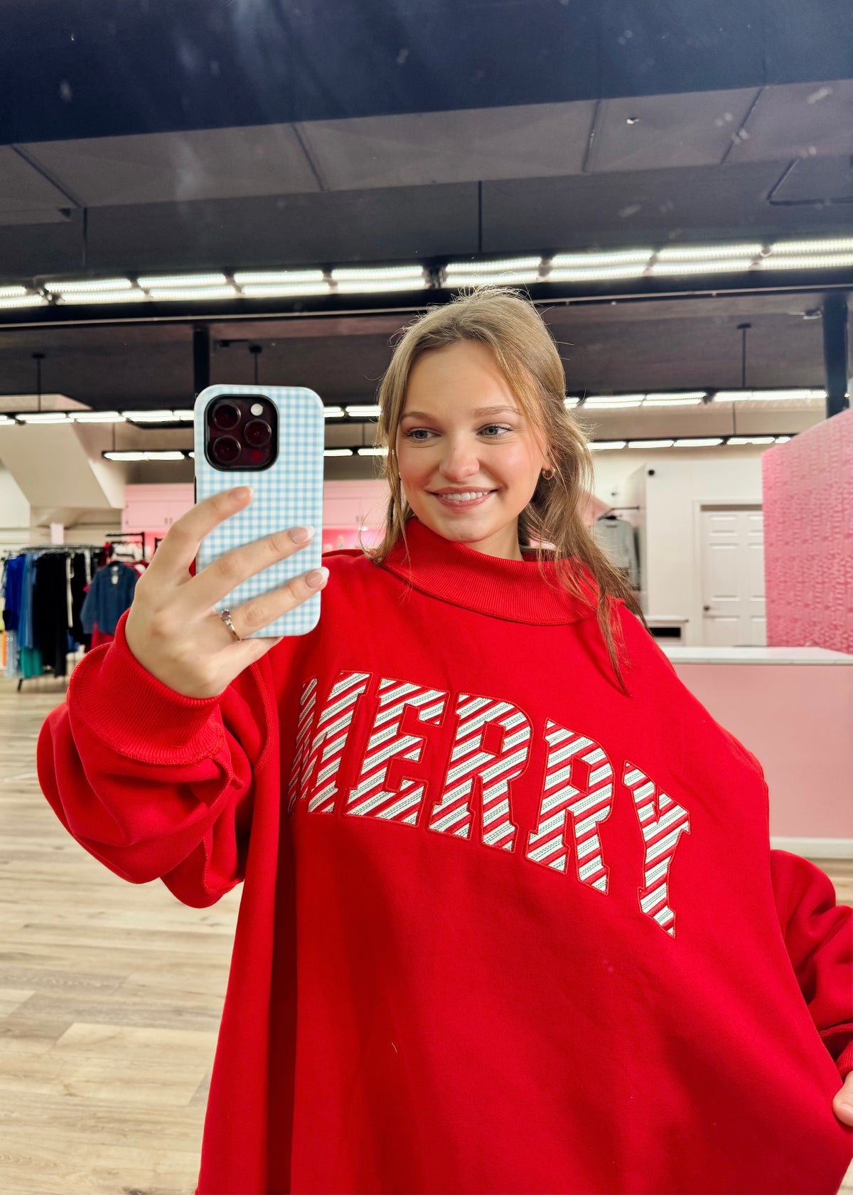 Red "Merry" Striped Embordered Mockneck Sweatshirt - Red