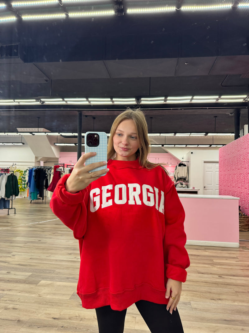 Georgia Embroidered Mock Neck Sweatshirt - Red