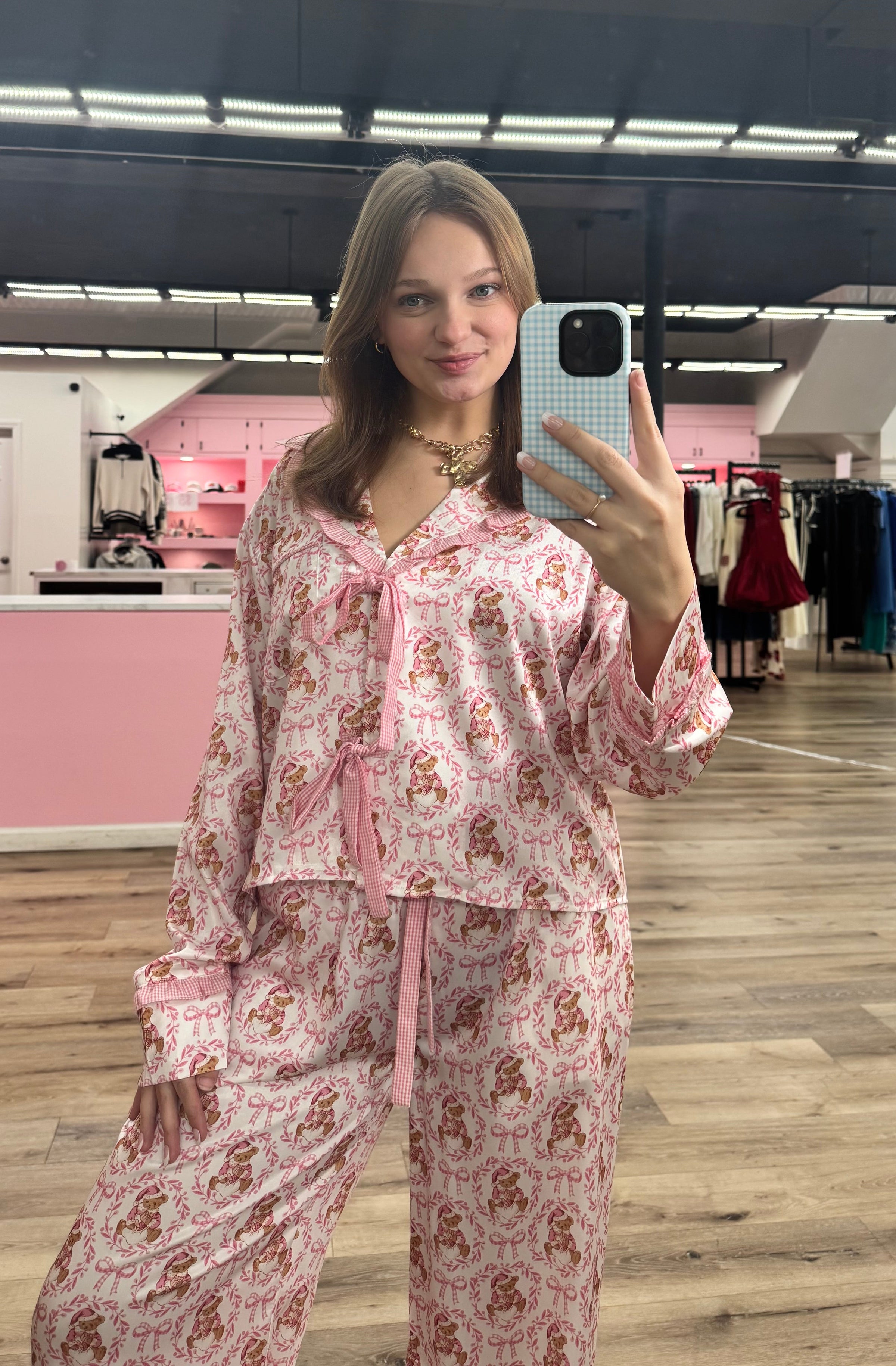 Bear & Bow Christmas Printed Satin Ruffle Detail PJ