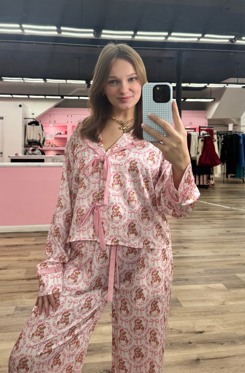 Bear & Bow Christmas Printed Satin Ruffle Detail PJ