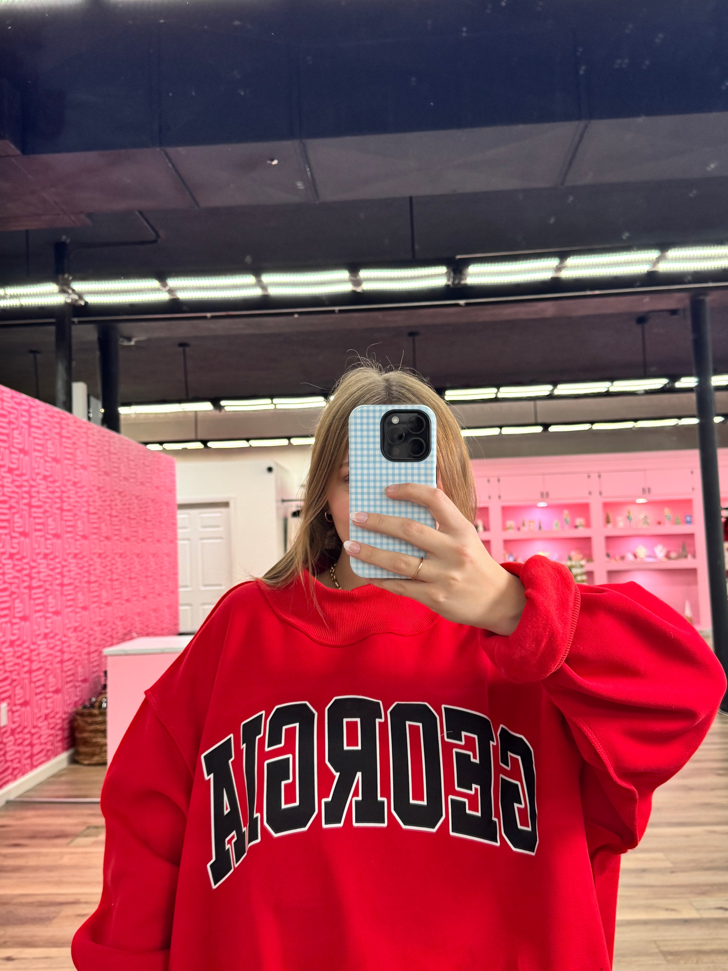 GEORGIA & GA Print Reversible Mockneck Sweatshirt - Red with Black and White Lettering