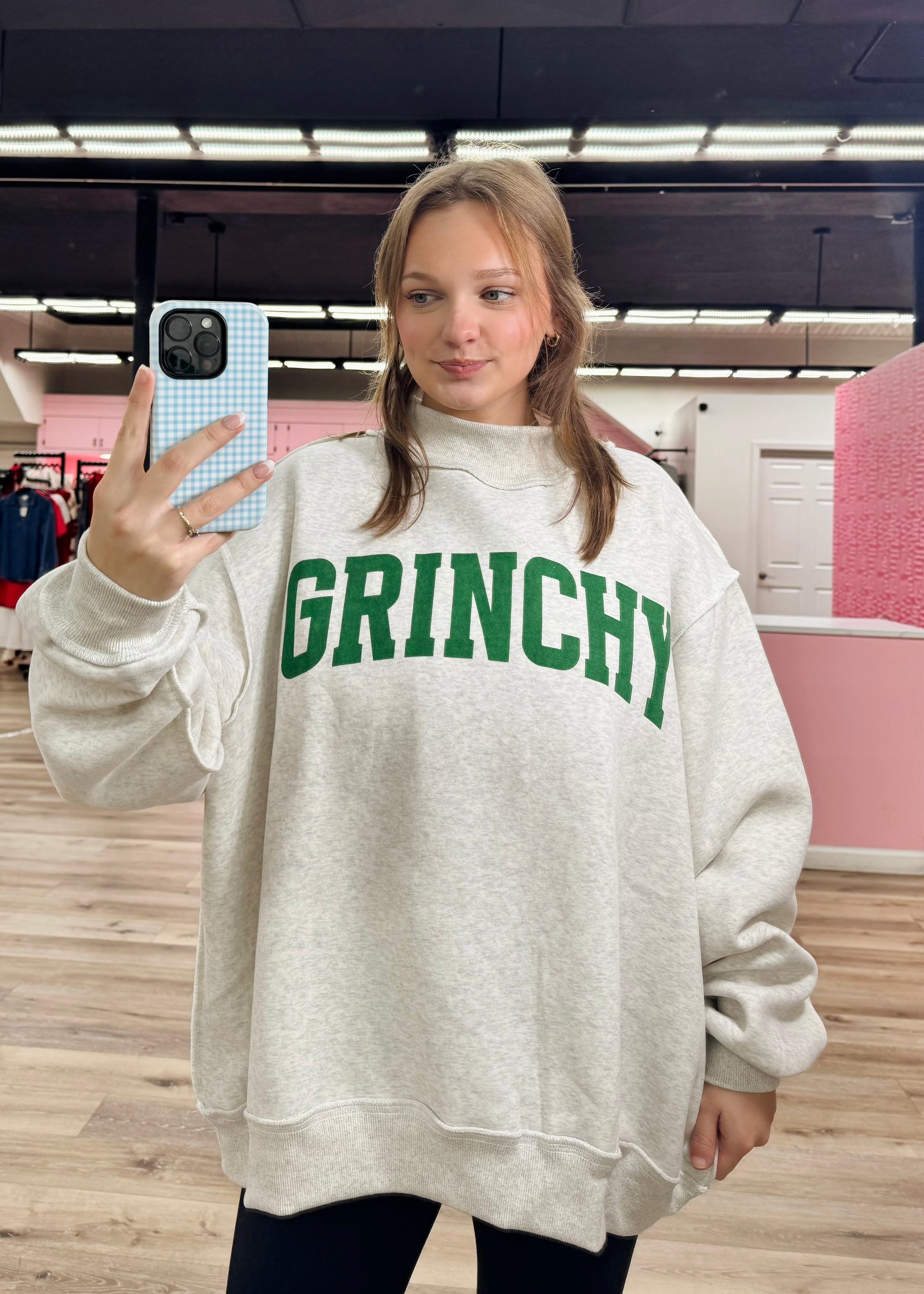 Grinchy/ Merry Reversible Mockneck Sweatshirt - Gray