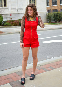 Denim Romper W/ Pockets - Red